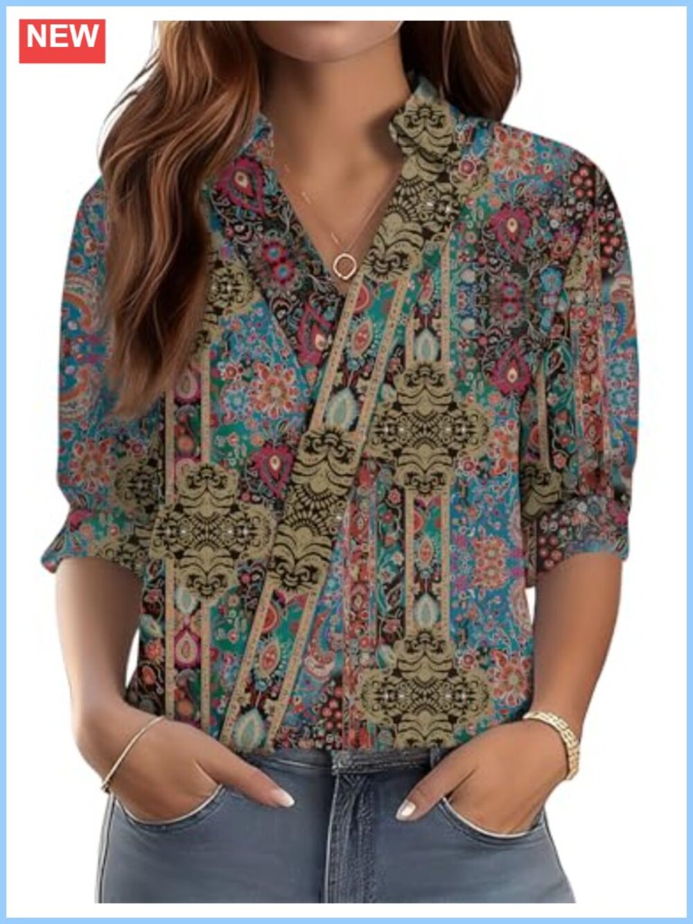 Women's 3/4 Sleeve V Neck Collared Dress Shirt Casual Blouse